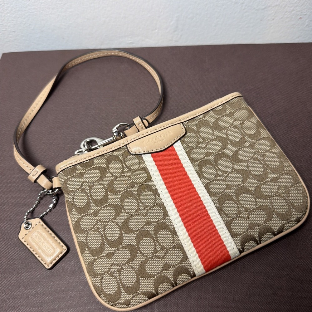 Coach F50594 Signature Stripe Canvas Wristlet Y2K Aesthetic Preppy Hangtag